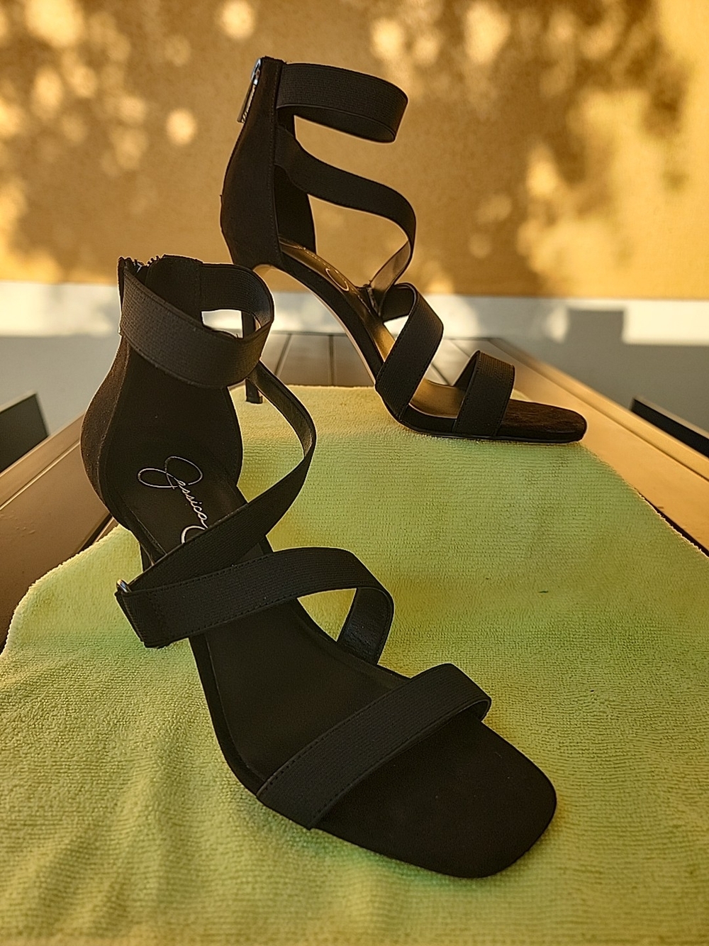 Jessica Black Strappy Ankle-Zip Heels